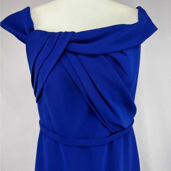 Theia Twist Front Crepe Gown Royal Blue Off Shoulder Evening Dress Size 10 - Picture 4 of 11